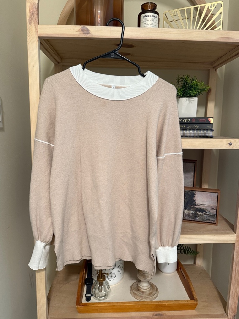Amazon Women's Scoop Neck Sweater in Beige with Cream Trim